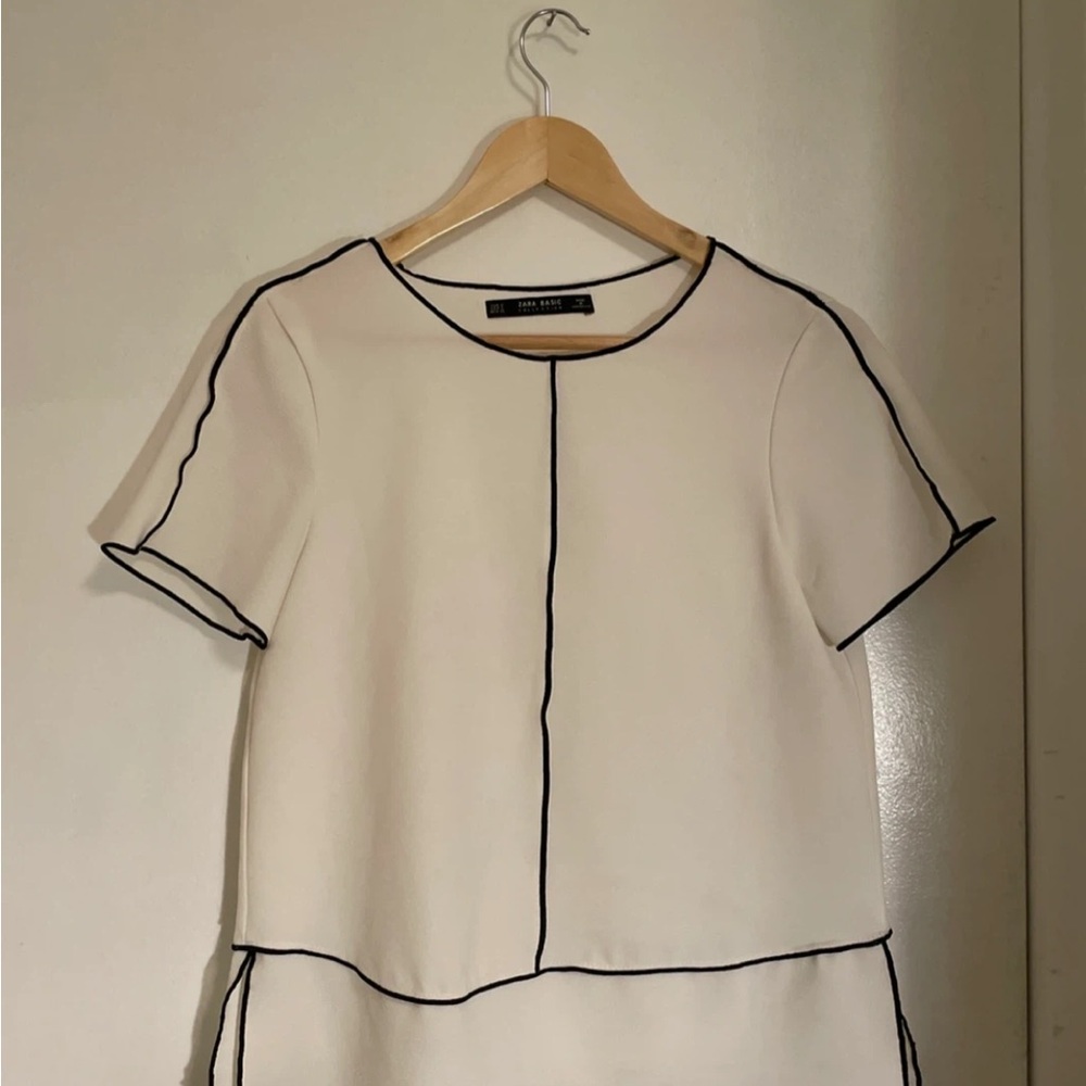 Zara Cream Short Sleeve Top with Contrast Piping